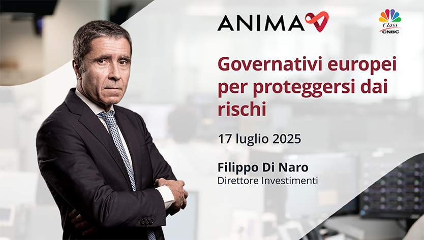 L'uomo in abito con le braccia incrociate sta in piedi con sicurezza. Testo: ' Governativi europei per proteggersi dai rischi. 17 luglio 2025. Filippo Di Naro, Direttore Investimenti.' Logo della CNBC nell'angolo. Sfondo dell'ufficio.
