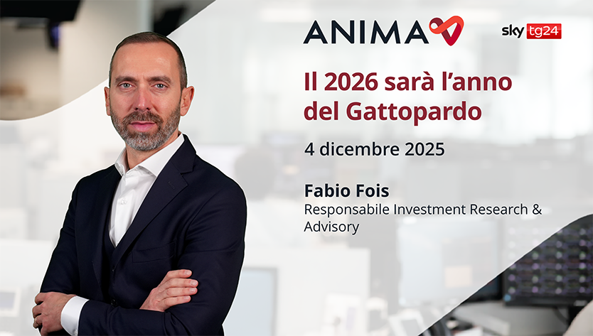 Un uomo in giacca e cravatta sta in piedi con sicurezza, con le braccia incrociate, sullo sfondo sfocato di un ufficio. Il testo recita: “ANIMA: Il 2026 sarà l'anno del Gattopardo. 4 dicembre 2025. Fabio Fois, Responsabile Investment Research & Advisory.”