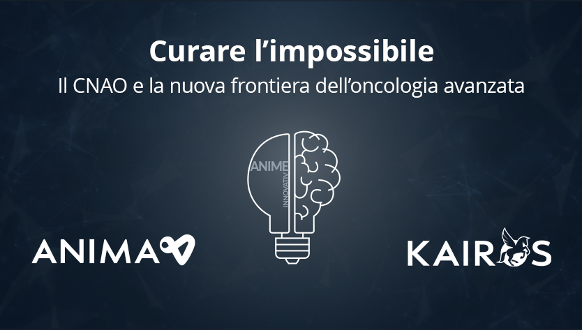 Sfondo scuro con il titolo “Curare l’impossibile: il CNAO e la nuova frontiera dell’oncologia avanzata”. Al centro è raffigurata l'illustrazione di un oggetto che è per metà lampadina e per metà cervello.