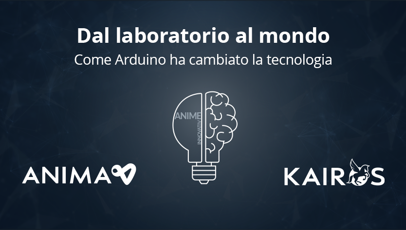 Sfondo scuro con il titolo “Dal laboratorio al mondo” e il sottotitolo “Come Arduino ha cambiato la tecnologia”. Al centro è raffigurata l'illustrazione di un oggetto che è per metà lampadina e per metà cervello.