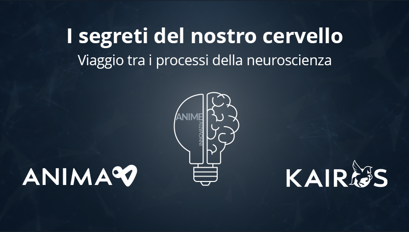 Grafica blu scuro con al centro un ibrido lampadina-cervello che simboleggia l'innovazione. Il testo recita "I segreti del nostro cervello. Viaggio tra i processi della neuroscienza". Con i loghi di “ANIMA” e “KAIROS”