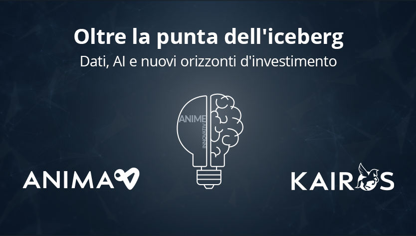 Sfondo scuro con il titolo “Oltre la punta dell'iceberg: dati, AI e nuovi orizzonti d'Investimento”. Al centro è raffigurata l'illustrazione di un oggetto che è per metà lampadina e per metà cervello.