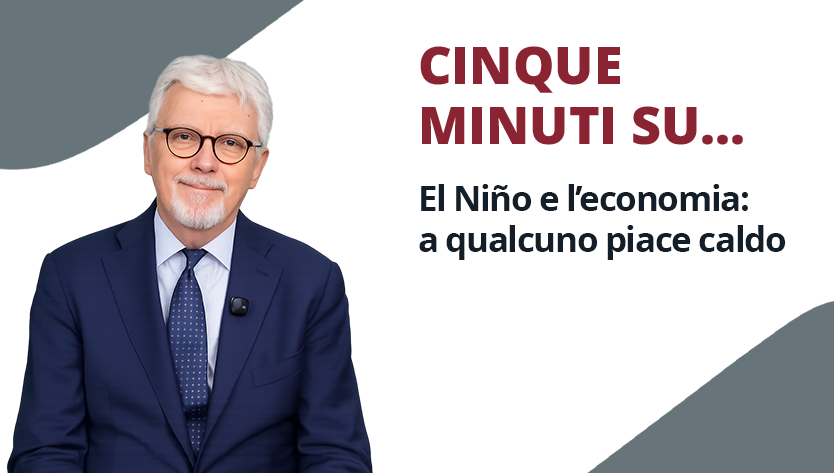 Un uomo in giacca e cravatta sorride cordialmente accanto alla scritta: «CINQUE MINUTI SU...El Niño e l’economia: a qualcuno piace caldo». Il tono è informativo e amichevole.