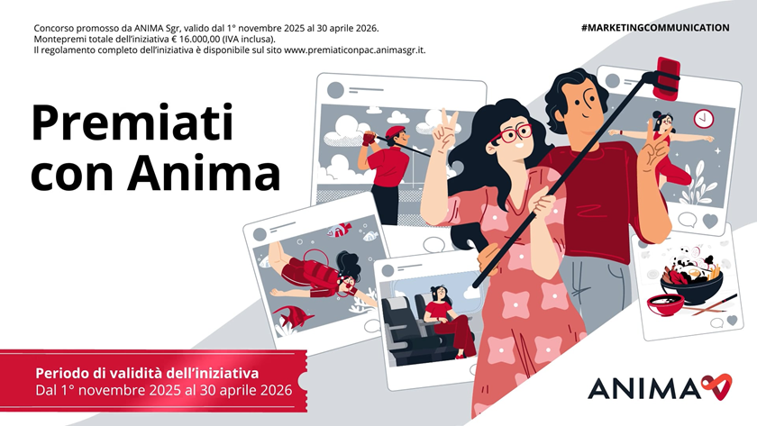 Illustrazione di persone allegre che scattano selfie e partecipano ad attività, sovrapposta a cornici di post sui social media. Il testo promuove un'iniziativa valida da novembre 2025 ad aprile 2026, organizzata da Anima.