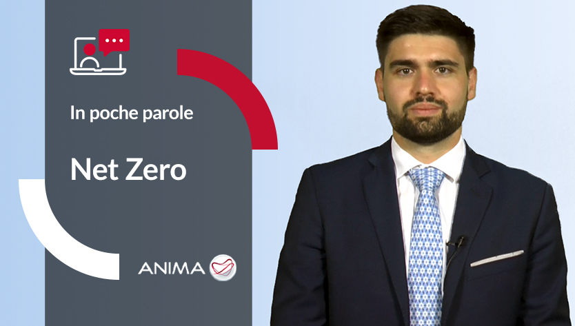 Un uomo in abito scuro e cravatta blu è in piedi su uno sfondo azzurro. Accanto a lui, la scritta "In poche parole, Net Zero, ANIMA" è accompagnata da una grafica astratta.