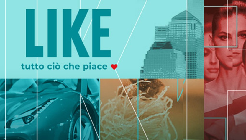 Un collage moderno con la parola "LIKE" e "tutto ciò che piace" su uno sfondo verde acqua, caratterizzato da immagini di un'auto, di un paesaggio urbano, di modelle e di spaghetti.