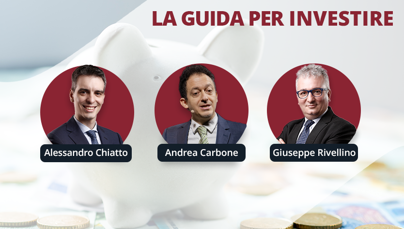 Tre uomini in cornici circolari sono posizionati su uno sfondo con un salvadanaio e delle monete. Sopra di loro è scritto "La guida per investire".
