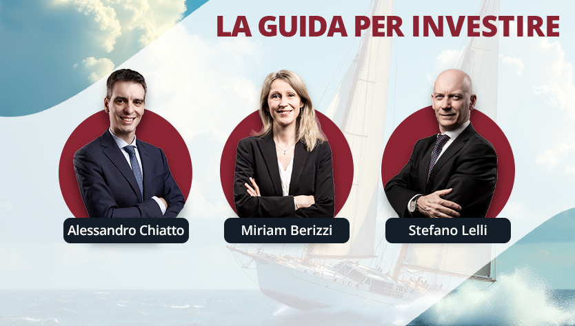 Tre persone in abito da lavoro sono ritratte sullo sfondo di una nave a vela. Il testo recita: «La Guida per Investire». Le loro espressioni sono sicure.