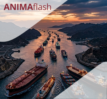 Vista aerea di numerose navi mercantili che navigano in uno stretto canale al tramonto, circondate dalle montagne, in un'atmosfera vivace e serena.