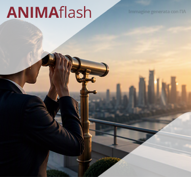 Una donna d'affari in tailleur osserva lo skyline della città al tramonto attraverso un cannocchiale in ottone da una terrazza sul tetto, creando un'atmosfera contemplativa e visionaria.