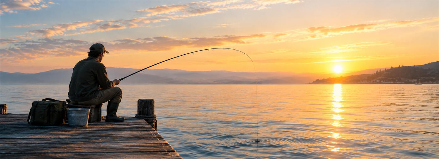 Persona intenta a pescare da un pontile al tramonto sul lago. 