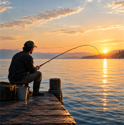 Persona intenta a pescare da un pontile al tramonto sul lago. 