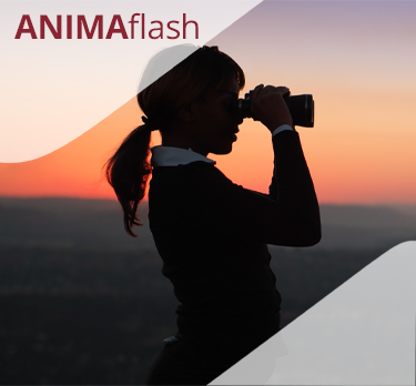 Sagoma di una persona con una coda di cavallo che guarda attraverso un binocolo al tramonto. Il cielo è arancione e viola, con la scritta “ANIMAflash” nell'angolo in alto a sinistra.