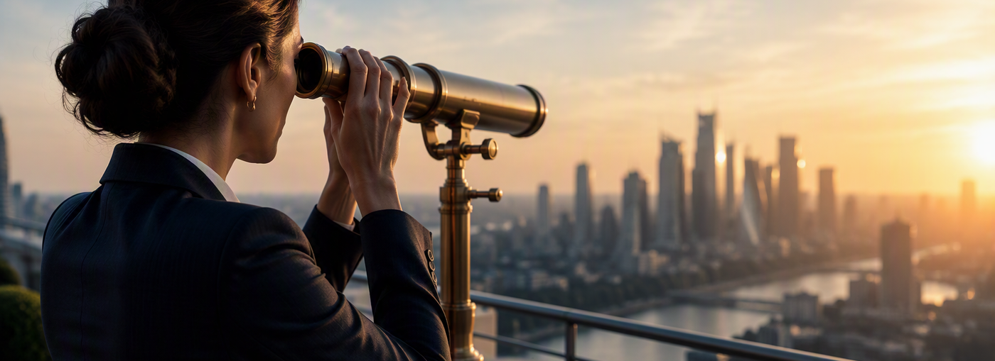 Donna in abiti professionali osserva lo skyline cittadino al tramonto con un telescopio da una terrazza panoramica.