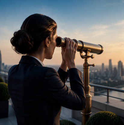 Donna in abiti professionali osserva lo skyline cittadino al tramonto con un telescopio da una terrazza panoramica.