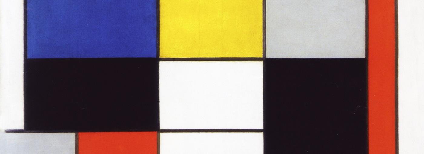 Una composizione astratta geometrica di Mondrian con rettangoli e quadrati rossi, blu, gialli, bianchi e neri asimmetrici.