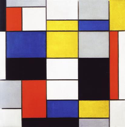 Una composizione astratta geometrica di Mondrian con rettangoli e quadrati rossi, blu, gialli, bianchi e neri asimmetrici.