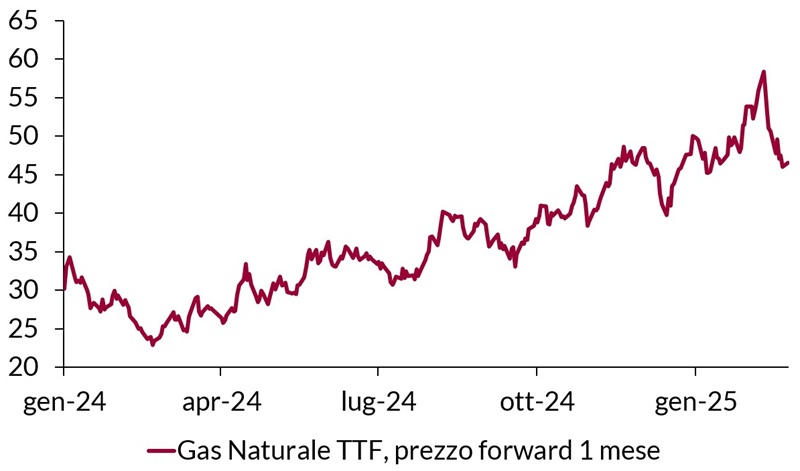 Grafico a linee che rappresenta il prezzo a termine del Gas Naturale TTF da gennaio 2024 a gennaio 2025