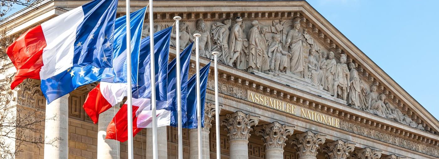 La facciata dell&#39;Assemblea Nazionale francese, adornata da bandiere e intricate sculture.