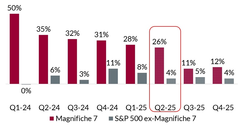 Grafico a barre che confronta le performance percentuali dei magnifici 7 e S&P 500 ex-Magnifiche 7 dal q1 2024 al q4 2025