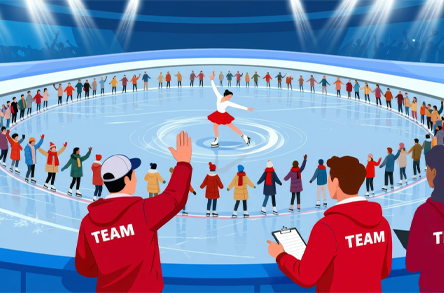 Una pattinatrice artistica vestita di rosso esegue una piroetta al centro di una pista ghiacciata, circondata da spettatori entusiasti. Due allenatori con giacche rosse la osservano, creando un'atmosfera elettrizzante.