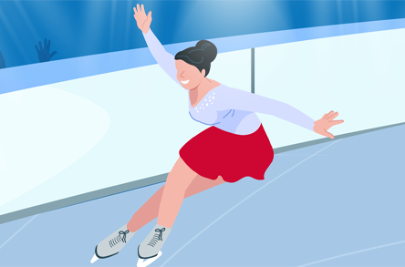 Illustrazione di una pattinatrice artistica con una gonna rossa che scivola con grazia sul ghiaccio, con le braccia aperte, irradiando eleganza e abilità, con un riflettore sullo sfondo.