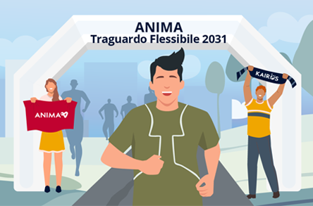 Un gruppo di persone esultanti con in mano gli striscioni di “ANIMA” e “Kairos” sotto un arco, per celebrare un evento sportivo.