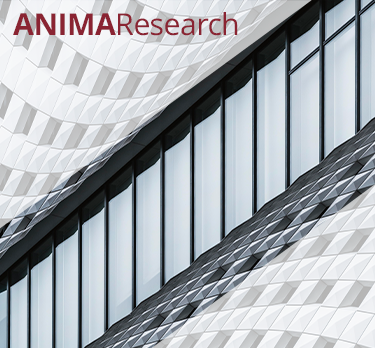 Logo ANIMA Research su sfondo con dettagli architettonici geometrici e superfici vetrate di un edificio moderno.