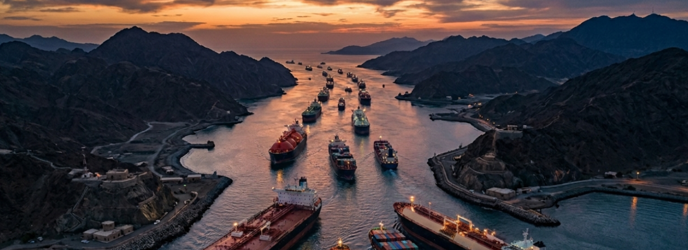 Navi da carico allineate in uno stretto braccio di mare tra montagne scure, durante un tramonto dai colori vivaci.