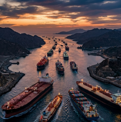 Navi da carico allineate in uno stretto braccio di mare tra montagne scure, durante un tramonto dai colori vivaci.