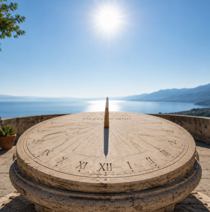 Meridiana in pietra con numeri romani su una terrazza affacciata su un mare calmo e montagne sotto un cielo limpido.