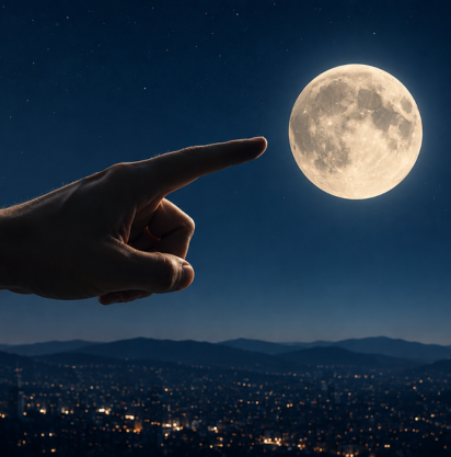 Una mano che si protende per toccare delicatamente una luminosa luna piena in un cielo notturno limpido, punteggiato da stelle