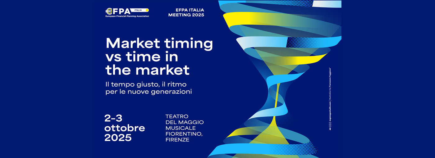 Manifesto dell&#39;evento EFPA Italia Meeting 2025, dedicato al tema del market timing e del time in the market,.
