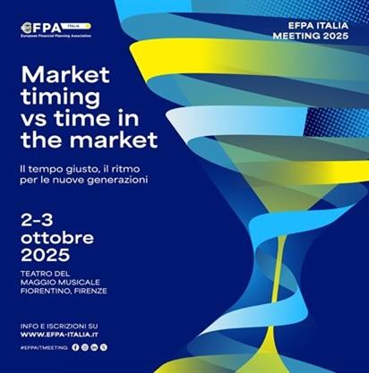 Manifesto dell&#39;evento EFPA Italia Meeting 2025, dedicato al tema del market timing e del time in the market.