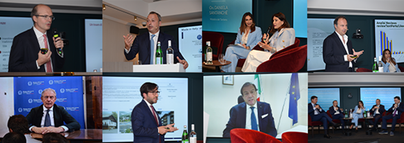 Un collage di una conferenza con relatori che presentano e si confrontano con il pubblico, oltre a presentazioni e discussioni