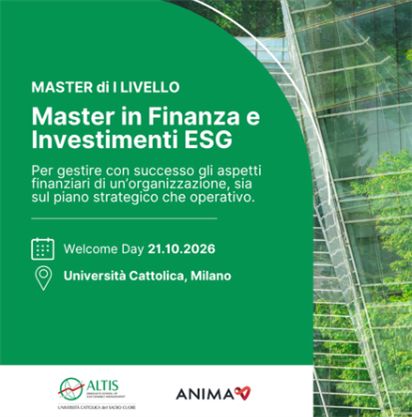Loghi ALTIS e ANIMA per volantino promozionale Master in Finanza e Investimenti ESG.
