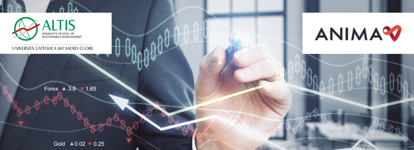 Un uomo d&#39;affari utilizza una penna digitale per analizzare grafici finanziari, con i loghi di ALTIS e ANIMA visibili.