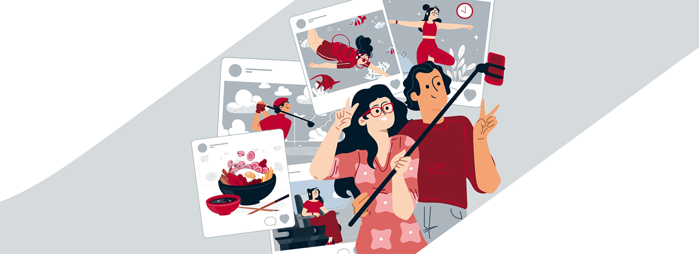 Una coppia si scatta un selfie con un selfie stick, circondata da post che ritraggono cibo, attività e momenti di svago.