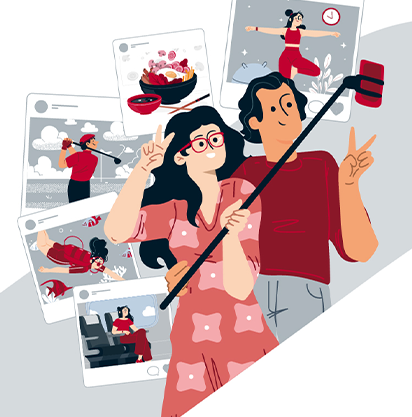 Una coppia si scatta un selfie con un selfie stick, circondata da post che ritraggono cibo, attività e momenti di svago.