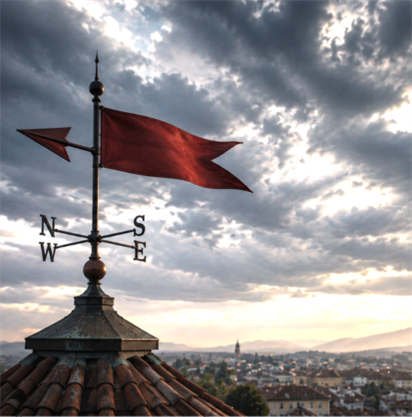 Banderuola con bandiera rossa su un tetto in coppi, sopra una città, sotto un cielo nuvoloso attraversato da raggi di luce.