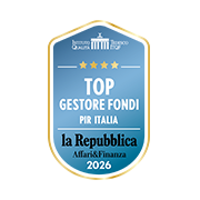 Distintivo blu e oro con quattro stelle, con la scritta “Top Gestore Fondi PIR Italia BIG”. Presenta la scritta “la Repubblica Affari & Finanza 2026” su sfondo nero.