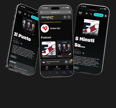 Tre smartphone mostrano sui propri schermi episodi di podcast in italiano, con i titoli “Il Punto” e “5 Minuti Su” e una grafica a tema economico.
