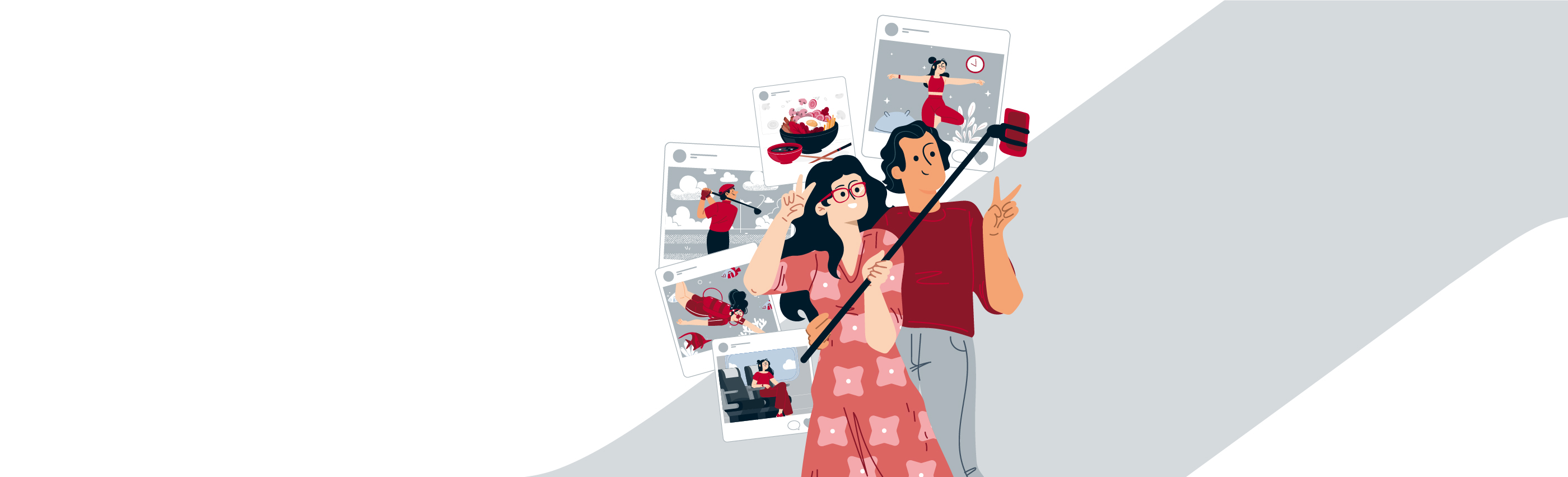 Illustrazione di una coppia che scatta un selfie con uno smartphone su un bastone. Dietro di loro, i post sui social media mostrano vari momenti condivisi. Tono allegro.