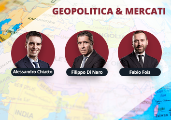 Grafica di Geopolitica & Mercati con i ritratti di tre uomini, identificati come Alessandro Chiatto, Filippo Di Naro e Fabio Fois, su uno sfondo con la mappa del mond