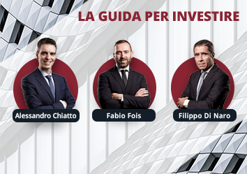 Tre uomini in giacca e cravatta (Alessandro Chiatto, Fabio Fois, Filippo Di Naro) con la scritta “La Guida per Investire” su uno sfondo geometrico.