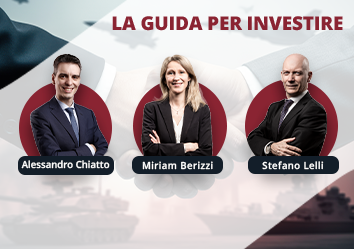 Tre professionisti in abito formale sono ritratti in cornici circolari sullo sfondo di un paesaggio costiero. Il testo recita: «La Guida per Investire».