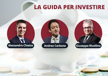 Tre uomini in cornici circolari sono posizionati su uno sfondo con un salvadanaio e delle monete. Sopra di loro è scritto "La guida per investire".