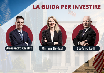 Immagine intitolata “La guida per investire”, con i ritratti di Alessandro Chiatto, Miriam Berizzi e Stefano Lelli su sfondi con le bandiere dell’Unione Europea e degli Stati Uniti.