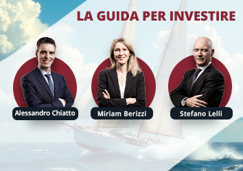 Nella foto sono ritratti tre professionisti in abito formale su uno sfondo marino con una barca a vela. Il testo recita: «La Guida Per Investire».