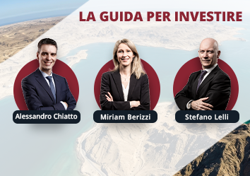 Tre professionisti in abito formale sono ritratti in cornici circolari sullo sfondo di un paesaggio costiero. Il testo recita: «La Guida per Investire».